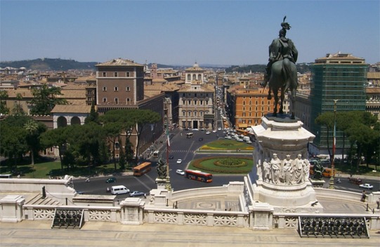 Looking straight out from the Monument the bronze statue of Vittorio Emanuele II overlooking the city.