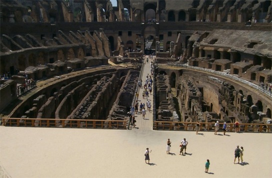 Inside the Colosseum.  They apparently have rebuilt some of the floor of the Colosseum to give visitors a better idea of it's past.