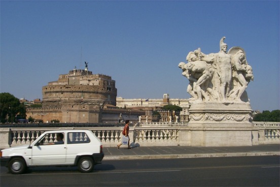 Castel Sant´Angelo as seen from a bridge crossing the Tevere (Tiber) River.  We walked this route after going to the Vatican which is nearby.  For hundreds of years the Castel Sant´Angelo guarded the Vatican.  It was actually built as a tomb for the emperor Hadrian in AD 135.  In the 6th century it was transformed into a fortress and was a refuge for the popes for nearly 1,000 years.