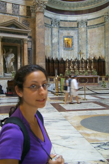 Rachel in the Pantheon.  Originally built as a Roman temple it was later consecrated as a Catholic Church.  This actually seems to be the underlying story of Rome, that the Catholic church converted many of the original temples into Catholic Churches, assumingly purging itself of the Pagan religion.