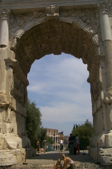 Looking through the Arch of Titus towards the Roman Forum and the Campidoglio.