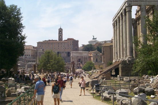 The walk into the Roman Forum with the Arch of Septimius Severus straight ahead.