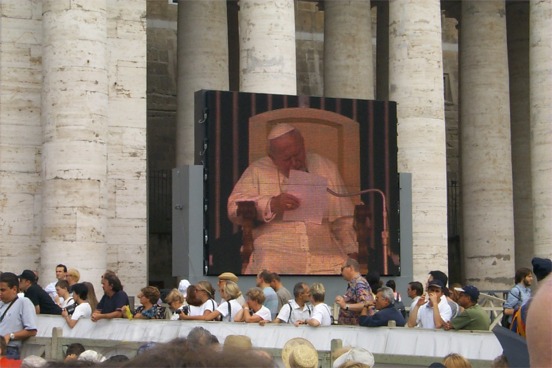 The sound system in the square was very impressive as well as the large screen TV's for a better view of the Pope.  Now to top off our luck we happened to get there just as he was giving his English address to the American members of the audience.  It was quite impressive to witness.