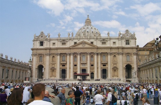 St. Peter's Basilica was built on the site of the original basilica constructed by Constantine in AD 319.  The original was built on the tomb of Saint Peter (The first pope) who died in AD 64.