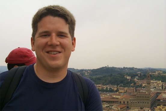 A close-up of myself.  The bell tower in the lower right of the picture is in the Palazzo Vecchio where the statue of <i>David</i> once stood.