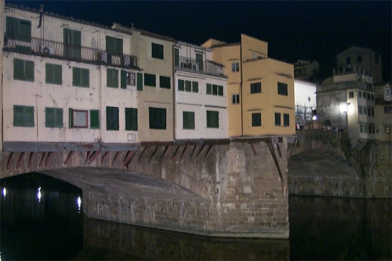 The Ponte Vecchio over the Arno at night.  This bridge was built in 1345 and was the only bridge across the Arno that the Germans did not destroy in WWII.