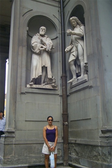 Here is Rachel below the statue of Galileo Galilei in front of the Uffizi.