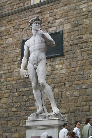 The <i>David</i>, not the original but the original location.  This identical replica was placed here in 1873 when the original was moved to the Galleria dell´Accademia to protect it from the elements.  It was placed here by Michelangelo as a symbol of the Republic's defiance of the tyrannical Medici.  The Medici's were a family of bankers and Florence's royal family in all but name from the 14th to 18th century.