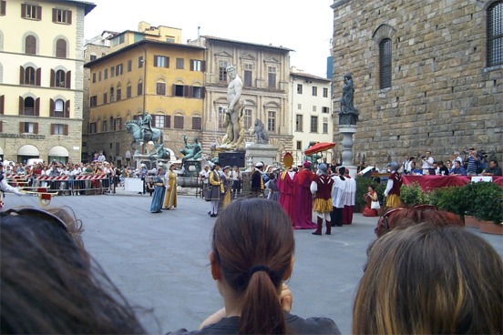 Our second to last day in Florence.  We went back to the Piazza Dells Signoria and with our continuing luck we saw what appeared to be a competition between different groups replicating medieval times.  Here a wedding that was followed by a marching band and flag twirlers.