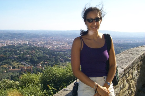 Rachel with Florence over her shoulder.  It was very windy on the hill, as you can see, and was really the first time since arriving to Italy that we were a bit on the chilly side.