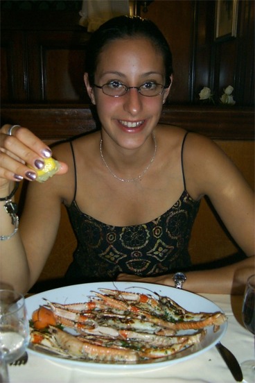 Venice... and the food.  Here, Rachel, on our first night in Venice enjoying some grilled scampi at Antica Carbonera, near the Ponte Rialto.