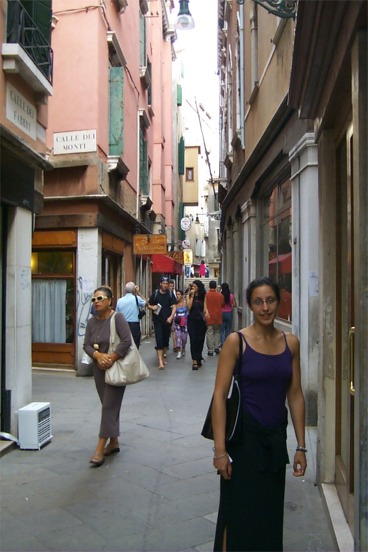Rachel in the Venetian streets.  Finding your way in Venice is quite an endeavor.  Because the street-ways, or walkways, are so narrow and so abundant it's very difficult to find your way around...
