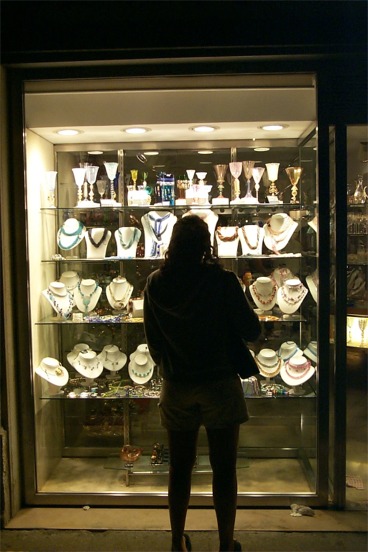 Rachel gazing at some of the fine jewels in the stores along the Piazza San Marco.  Pretty cool shot I thought.