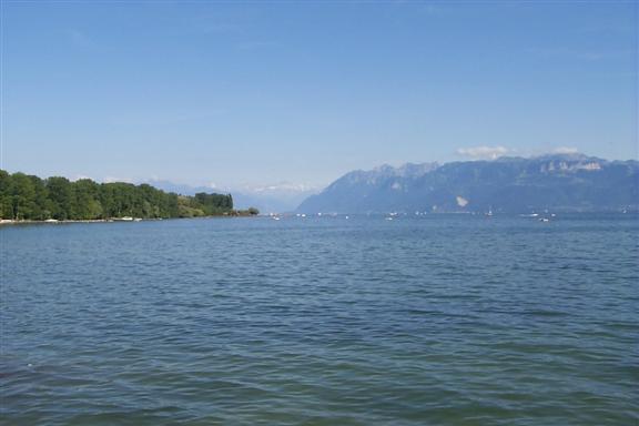 The view across the lake is beautiful.  Evian, France is across the lake from Lausanne and the French Alps tower some 10,000 feet into the sky.