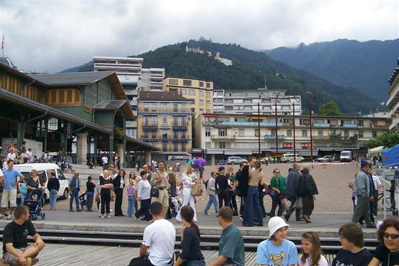 Looking back at the open lot, there is an annual jazz festival that was going on along the lakeside in Montreux.