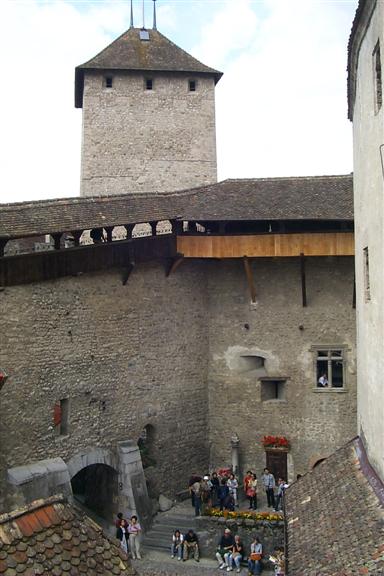 Cool view of the tower above and court yard below.  A refurbished section of walkway can be seen.