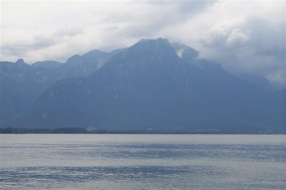 Looking across the lake to the high Alps.  The clouds remained fixed to these mountains for the day.