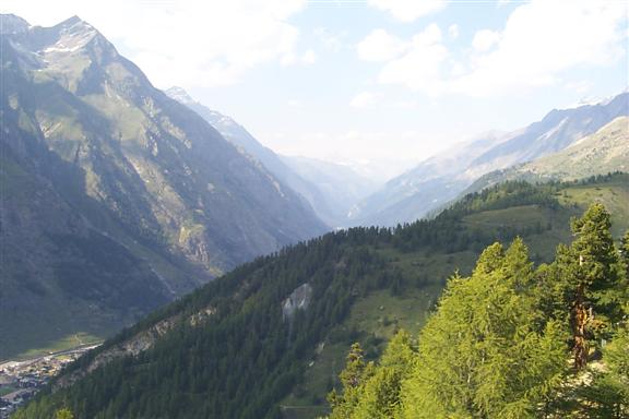 Looking down now from where we came, Zermatt is at the lower left, and the valley which seems to go on forever.