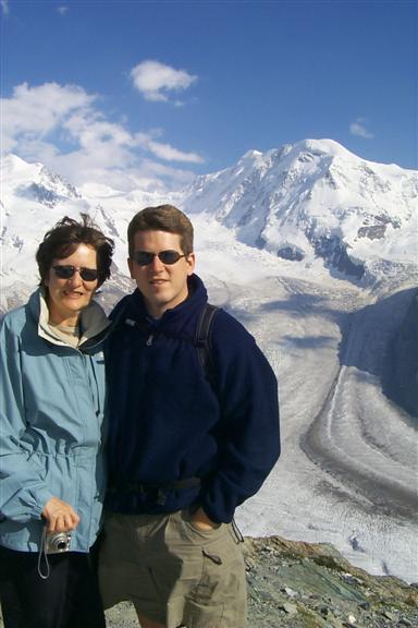 Me and mom with the Grenzgletscher at my side.  Looking at these pictures you almost have the illusion that the glaciers are indeed right next to us, when in fact the all of the snow that you see to the right of me in the picture is about 1,000 feet below us.