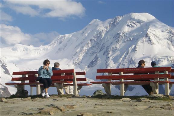 Mom, and dad, on the other side of the bench, and Breithorn.  Now a little geography, Monte Rosa, Breithorn, and Zermatt are all in an alpine range that forms the Swiss-Italian border. So directly on the other side of these peaks is Italy.