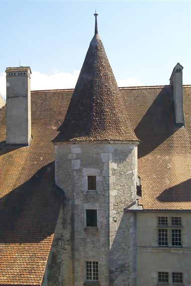 Neat tower and roof.  The roof was made of what appeared to be stone tiles hooked into wood slats.