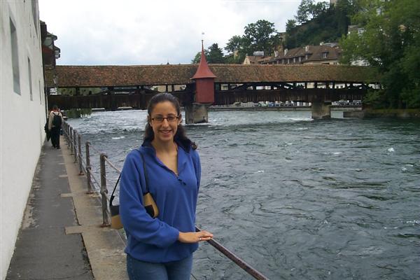 Rachel with the Spreuerbrücke in the background.  Lucerne actually has a total of seven bridges that cross the river and, in fact, has the oldest wooden bridge in Europe.