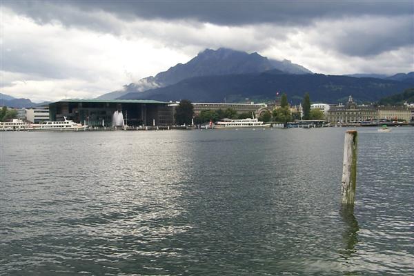 Now from the hotel side of the lake looking back on Lucerne.  The large building on the left is the Kultur- und Kongresszentrum (Culture and Congress Center), an enormous building with and amazing roof that looks simply like a sheer plate coming to a razor point when in close view.  Inside is a concert hall with supposedly "perfect acoustics".