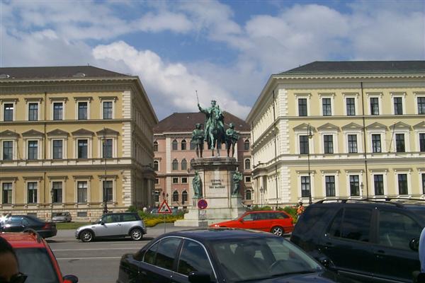Monument to Ludwig I on Odeonsplatz.  Odeonsplatz was approved by Maximillian I Joseph 1817 unaware that his son Ludwig I, heir to the throne, was the originator of the plan.  Ludwig wanted to create a "magnificent" square marking entrance to Munich.