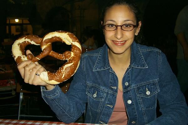 Pretzels!  To Germans, it would seem, the soft pretzel is bread.  When you go to a restaurant instead of bread you get soft pretzels.  Here, Rachel holds one at our evening at the Hofbräuhaus.