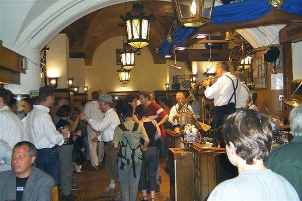 The inside of the Hofbräuhaus was like a big party, and I get the feeling it's like this every night.  These guys were playing great Bavarian beer-folk songs and everyone was singing along, or at least I think they were, but it was in German so for all I know they were all drunk Americans singing in gibberish.