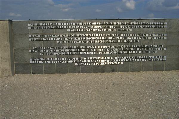 Part of the International Memorial built in 1968 it reads; "May the example of those who were exterminated here between 1933-1945 because they resisted Nazism help to unite the living for the defense of peace and freedom and in respect for their fellow men"