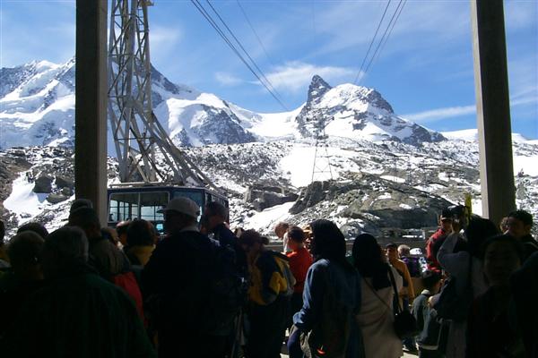 The view from the Trockener Steg station. One of four cable cars we took to get us to the top of the Klein Matterhorn, the peak in view.
