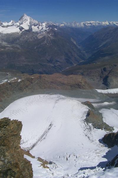 Looking down on the Unterer Theodulgletscher towards Zermatt.