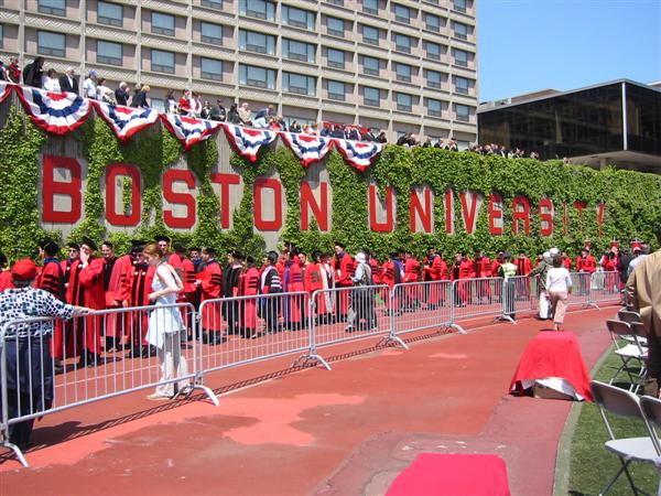 Good shot of the BU banner on the wall of the Nickerson Field stadium.  There were 5,818 graduating students.  George Will gave the commencement address, talking about race relations and knee jerk reactions that sometimes don't consider the history involved.  George Will is a writer by trade with a passion for baseball, and bases much of his commentary on the belief that American baseball is a pure meritocracy that mirrors American life, and sometimes leads it.
