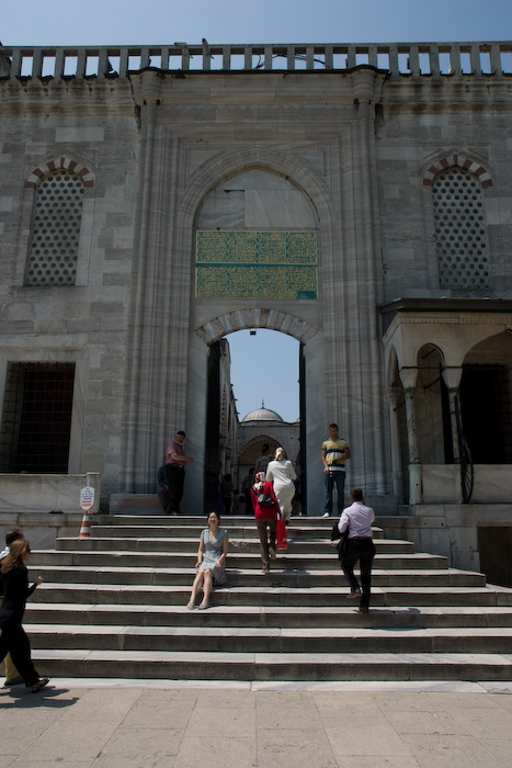 The entrance to the courtyard of the Blue Mosque.  It was warm in Istanbul but not bad, probably in the high 70s and very dry and sunny.